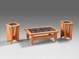 three wooden tables with mosaic tile top and legs