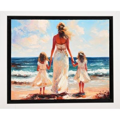 un tableau représentant une femme et deux enfants se promenant sur la plage