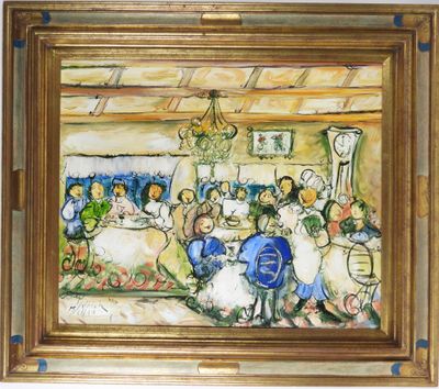 painting of a group of people sitting around a table in a room