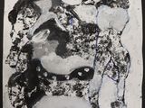 a black and white painting of a dog and a cat
