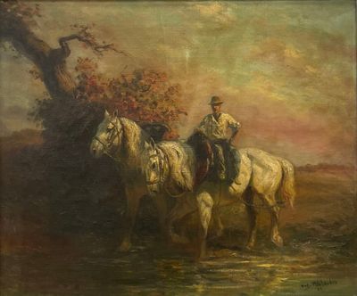 tableau représentant deux hommes à cheval dans un champ, près d'un arbre