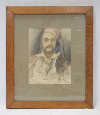 painting of a bearded man in a pink turban in a wooden frame