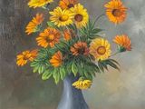 a painting of a blue vase with yellow flowers in it