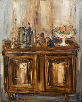 une peinture à l'huile représentant une armoire en bois sur laquelle est posé un bol de fruits