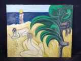 un tableau représentant une femme assise sur une plage près d'un palmier
