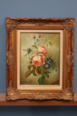 painting of flowers on a shelf in a room with blue walls