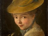 a painting of a woman in a yellow hat holding a dog