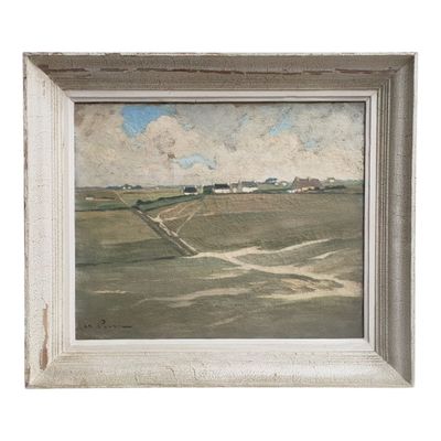an oil painting of a landscape with a dirt road in the foreground