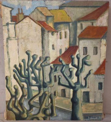 une peinture à l'huile représentant un groupe de personnes devant un bâtiment