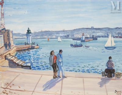un tableau représentant un couple marchant au bord de l'eau