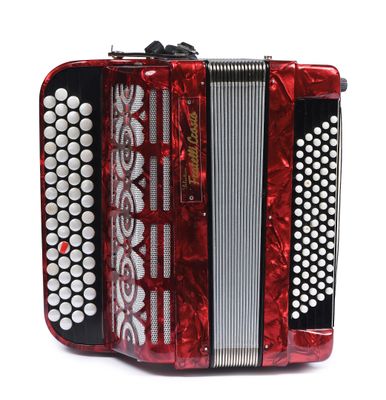 an image of a close up of a red accordion on a white background