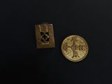 a close up of a coin and a small metal object on a black surface