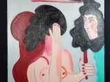 un tableau représentant une femme tenant un miroir devant son visage