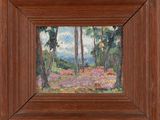 un tableau représentant un paysage avec des arbres et des fleurs, dans un cadre en bois