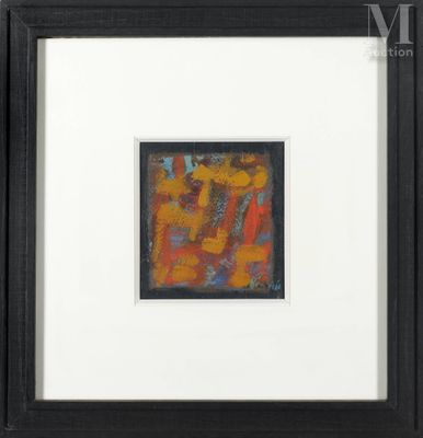 une peinture abstraite dans des tons orange et bleu, encadrée de noir