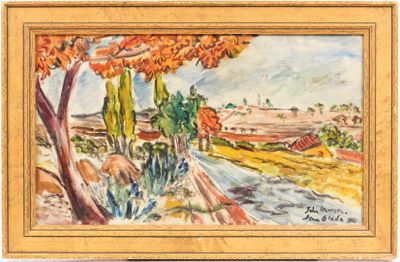 une image représentant un tableau représentant un paysage avec des arbres et une route
