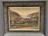 an oil painting of a view of a town with a lake and mountains in the background