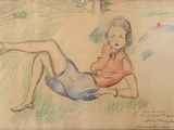 dessin représentant une femme allongée sur l'herbe, les jambes croisées