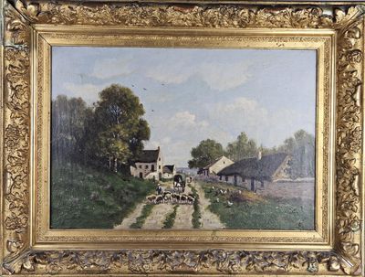 une image d'un tableau représentant une scène de ferme dans un cadre doré