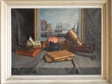 un tableau représentant un vase de fleurs et des livres posés sur une table