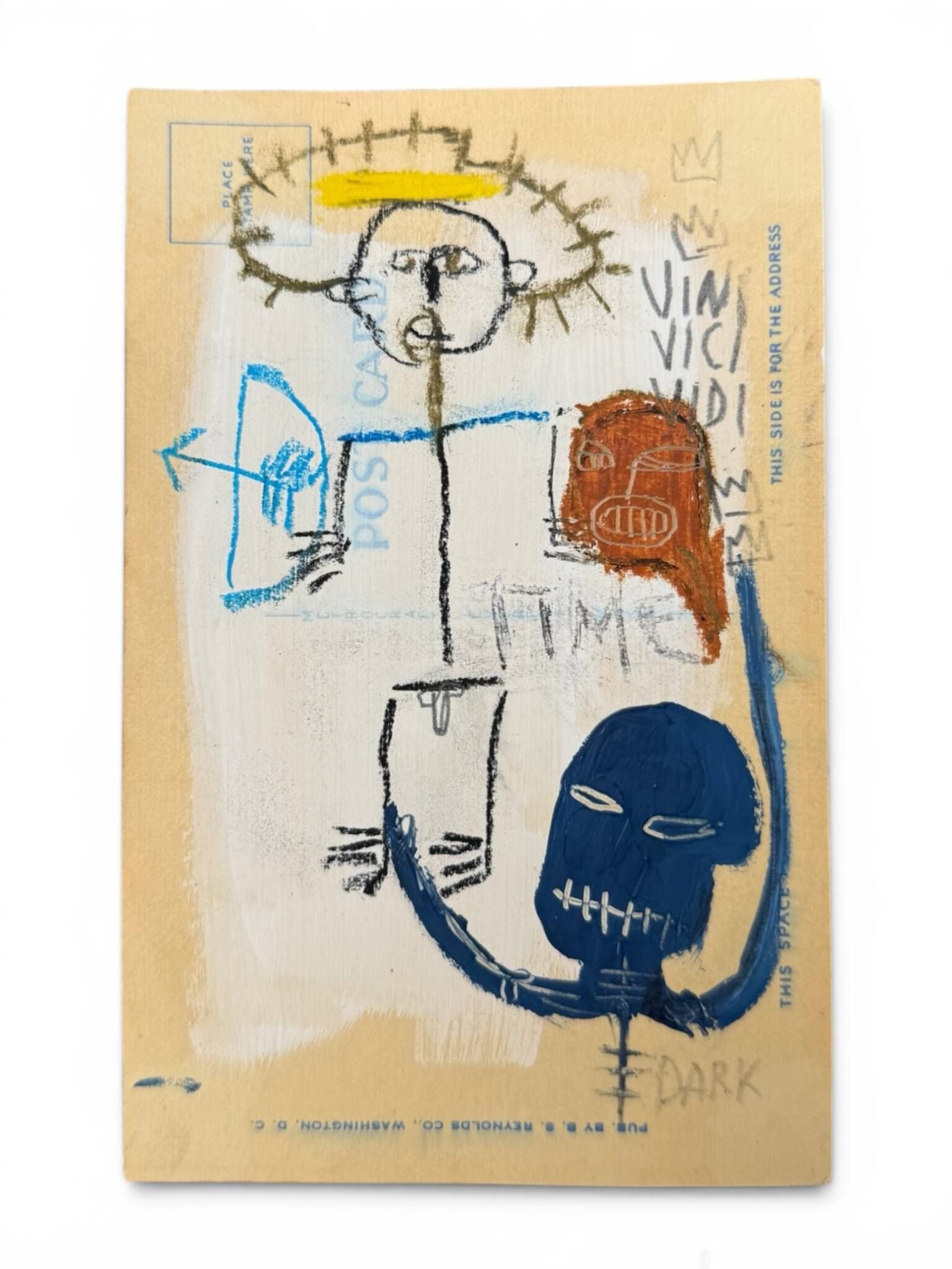 Jean-Michel BASQUIAT (1960-1988), d'après "TIME" Dessin à la craie grasse, feutre et gouache sur carte postale. Porte...