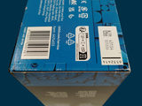a blue box with a white sticker on it