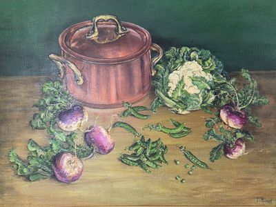 un tableau représentant un pot et des légumes posés sur une table