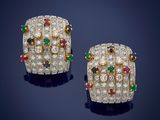 a pair of diamond, emerald and ruby earrings