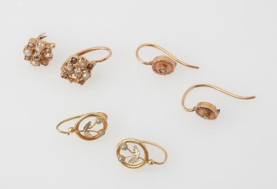 a set of five pairs of gold earrings and rings