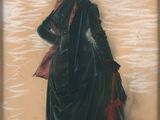 painting of a woman in a green dress and hat holding a red umbrella