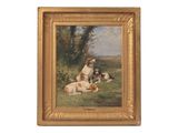 painting of two dogs and a cat in a field by a tree