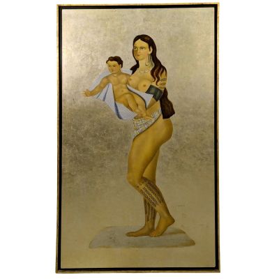 peinture d'une femme tenant un enfant dans ses bras