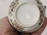 a person holding a white and green bowl in their hand