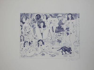 a drawing of a group of people and a dog
