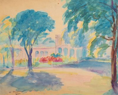 tableau représentant un parc avec des arbres et un bâtiment en arrière-plan