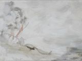 une peinture à l'huile représentant une personne sur une planche de surf dans l'eau