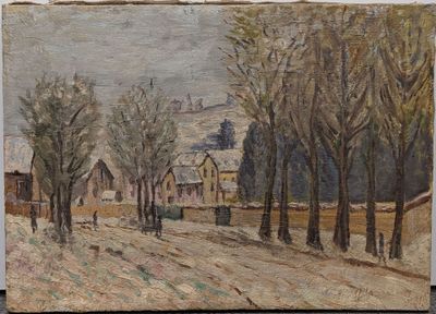 une image représentant un tableau d'une route enneigée avec un cheval et une calèche