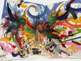 abstract painting of a colorful bird with many colors on it ' s wings
