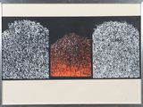an image of a black and white painting with a red sky in the background