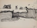dessin représentant un homme debout au sommet d'une colline enneigée, à côté d'un bâtiment