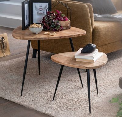Lot de 2 tables d'appoint , en acacia et pieds en acier,Dime…