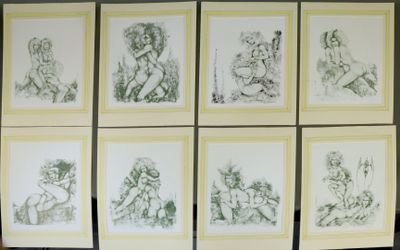 six framed drawings of a woman and a man sitting on a couch