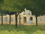 tableau représentant une femme en robe bleue debout devant une maison