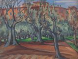 une peinture à l'huile représentant des arbres dans un parc, avec des bâtiments en arrière-plan