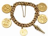 an image of a gold bracelet with coins and a chain