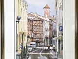 painting of a city street with a clock tower in the background