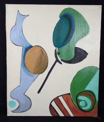 peinture représentant des formes abstraites sur fond blanc, dans des tons de bleu, de vert et d'orange