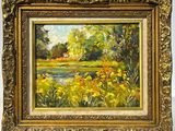 une peinture à l'huile représentant un paysage avec des fleurs jaunes, dans un cadre doré