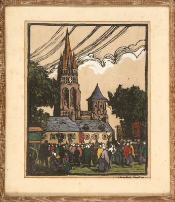 une image représentant un tableau d'une église devant laquelle se trouve une foule de personnes