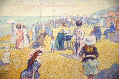 an image of a painting of people on a beach with umbrellas